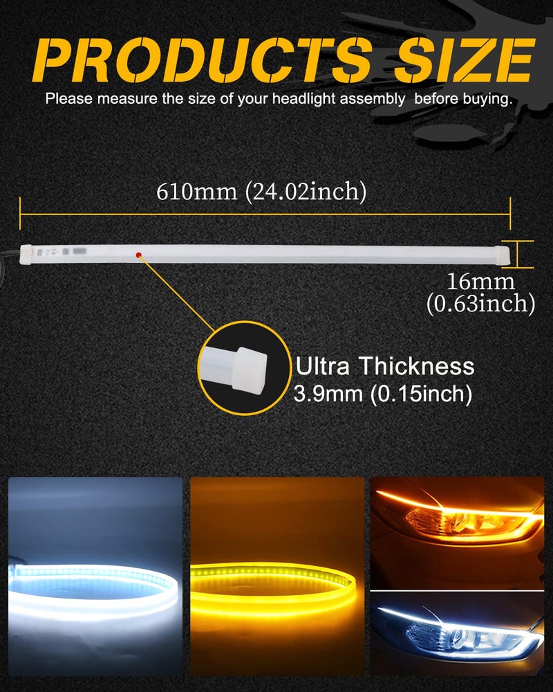 Qasim 60cm White&Yellow Cars DRL LED Strip Daytime Running Lights 24inch Sequential Flowing Turn Signal Guide Strip Auto Car Styling Accessories Waterproof,2-Pack - Image 2